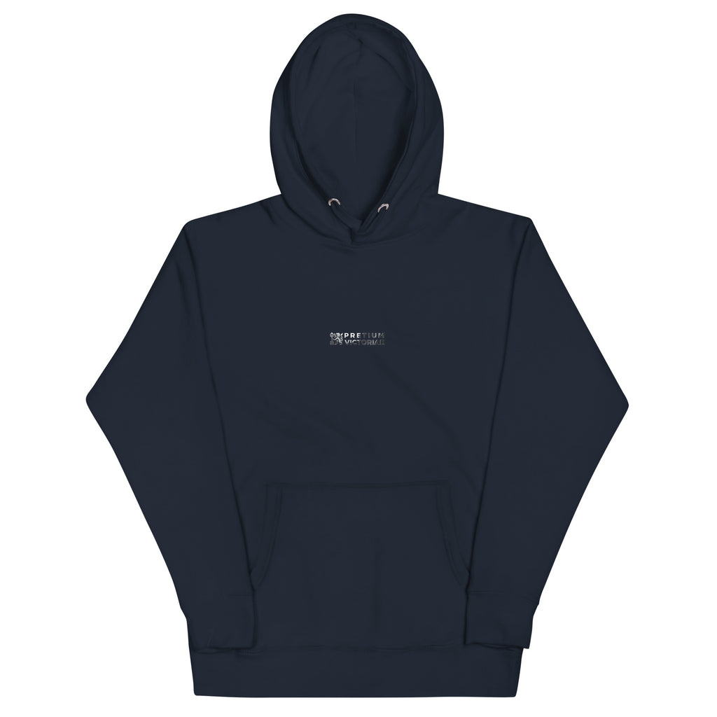 Buy Now Online Pretium Victoriae The Price of Victory Staple Unisex Hoodie Chromium Logo Inspirational Stoic Quote Motivational - PRETIUM VICTORIAE© - https://pretium-victoriae.com