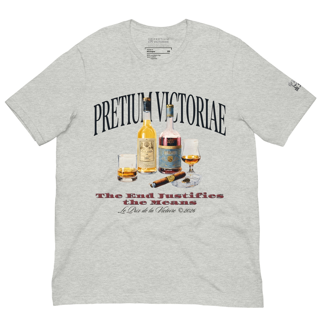 Buy Now Online PRETIUM VICTORIAE The End Justifies the Means Whiskey Machiavelli Unisex T-shirt Inspirational Stoicism Quote Motivational - PRETIUM VICTORIAE© - https://pretium-victoriae.com