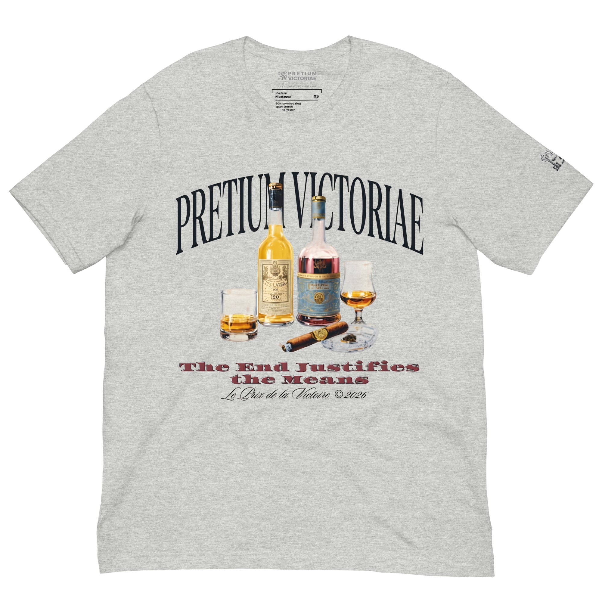 Buy Now Online PRETIUM VICTORIAE The End Justifies the Means Whiskey Machiavelli Unisex T-shirt Inspirational Stoicism Quote Motivational - PRETIUM VICTORIAE© - https://pretium-victoriae.com