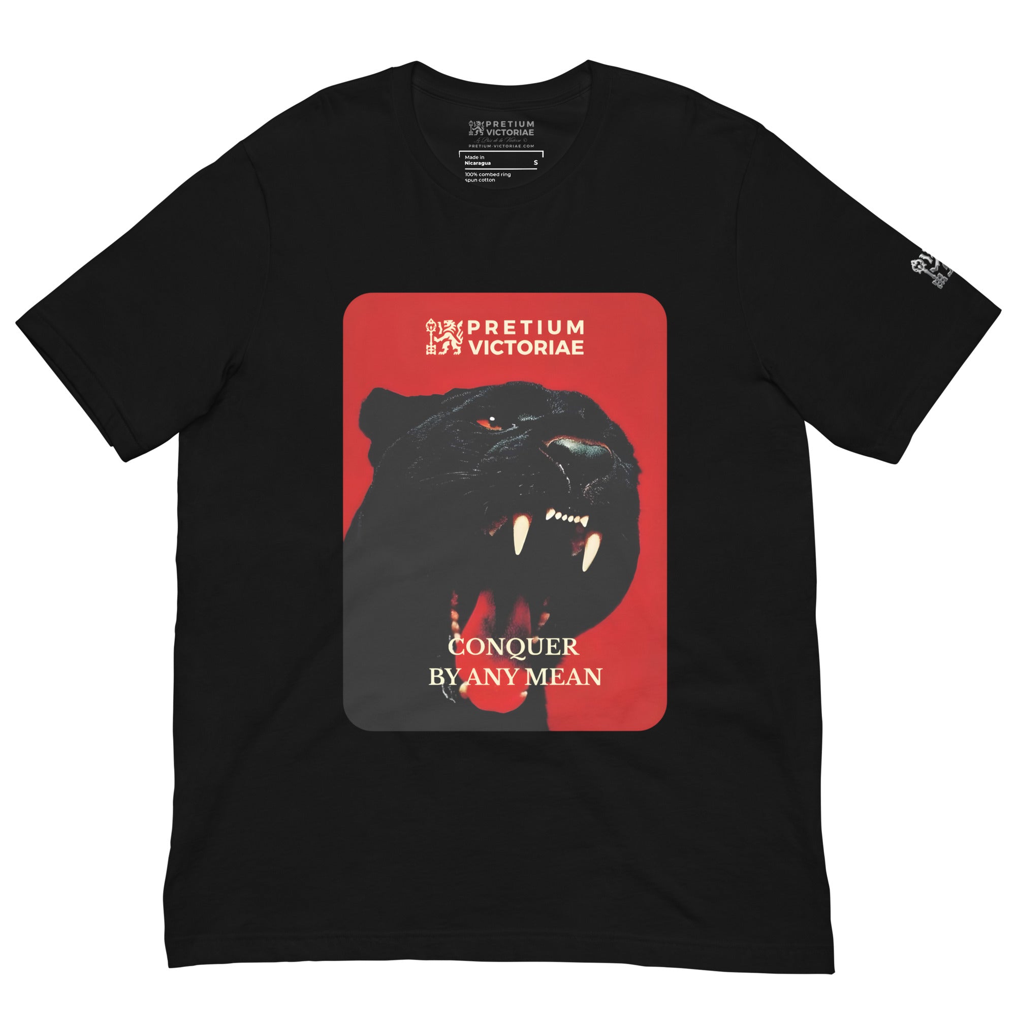 Buy Now Online PRETIUM VICTORIAE Conquer By Any Mean Black Jaguar Panther Machiavelli Unisex T-shirt Inspirational Stoicism Quote Motivational - PRETIUM VICTORIAE© - https://pretium-victoriae.com