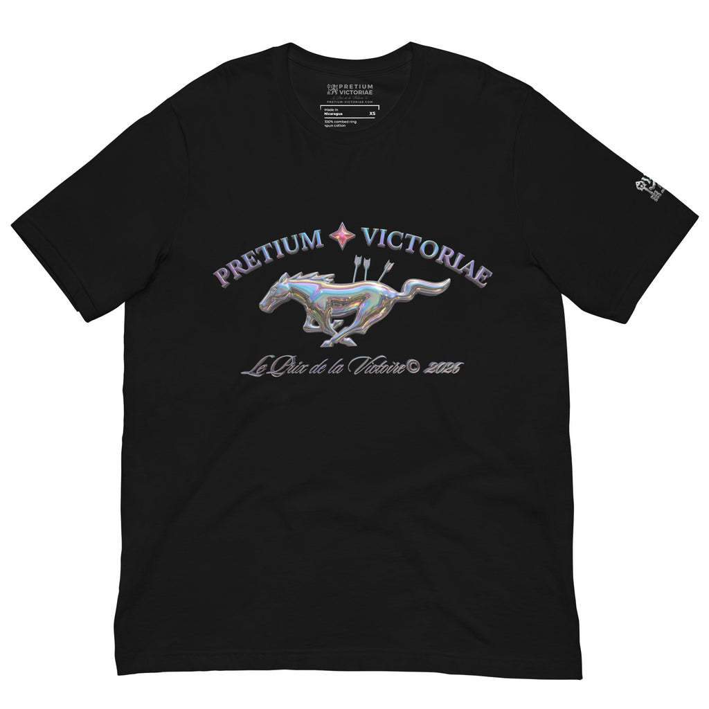 Buy Now Online PRETIUM VICTORIAE Iridescent Victory Running Horse Le Prix de la Victoire Machiavelli Unisex T-shirt Inspirational Stoicism Quote Motivational - PRETIUM VICTORIAE© - https://pretium-victoriae.com