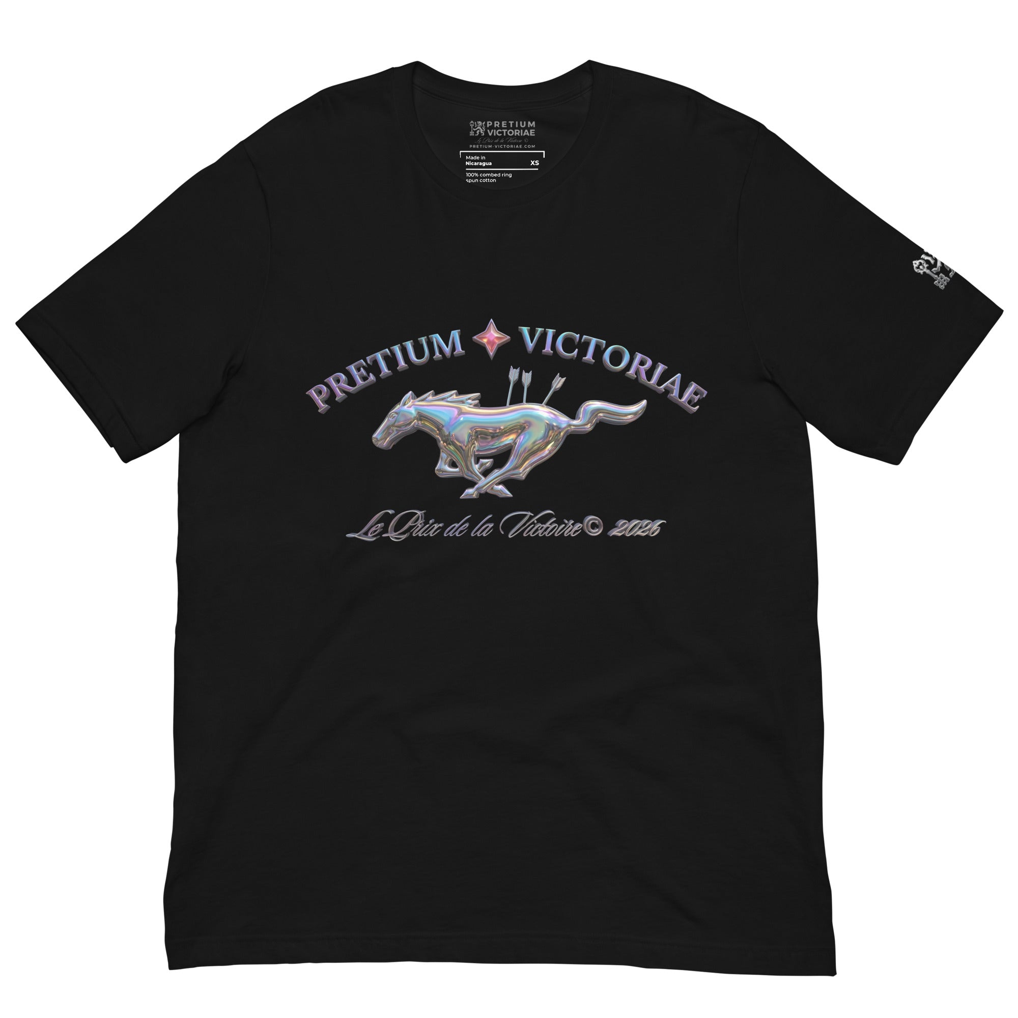 Buy Now Online PRETIUM VICTORIAE Iridescent Victory Running Horse Le Prix de la Victoire Machiavelli Unisex T-shirt Inspirational Stoicism Quote Motivational - PRETIUM VICTORIAE© - https://pretium-victoriae.com
