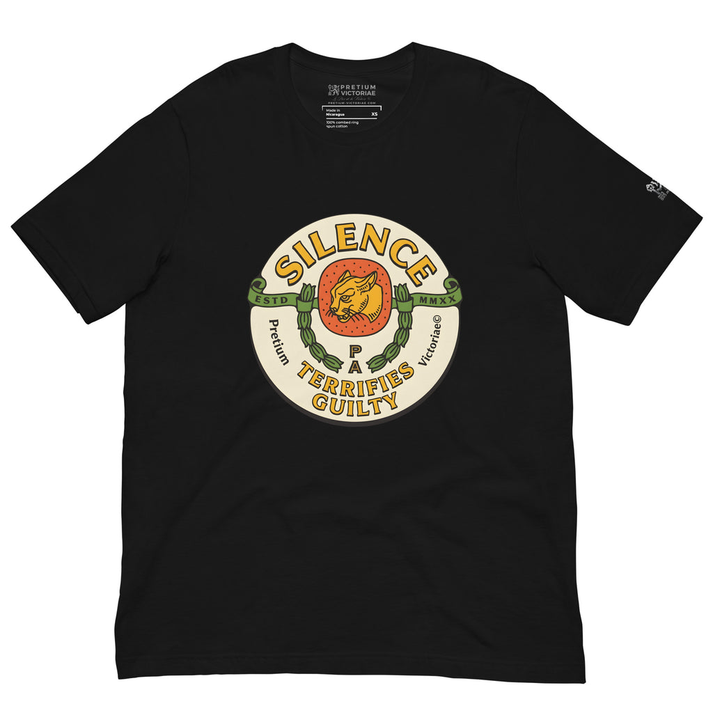 Buy Now Online PRETIUM VICTORIAE Silence Terrifies Guilty Machiavelli Unisex T-shirt Inspirational Stoic Quote Motivational Philosophy - PRETIUM VICTORIAE© - https://pretium-victoriae.com
