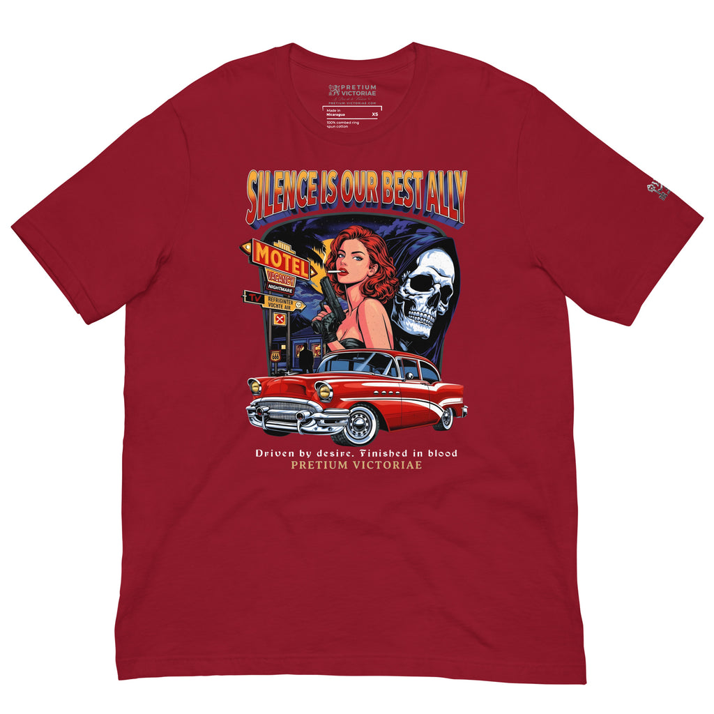 Buy Now Online PRETIUM VICTORIAE™ Silence is Our Best Ally Motel Ghost Girl Machiavelli Unisex T-shirt Inspirational Stoic Quote Motivational - PRETIUM VICTORIAE© - https://pretium-victoriae.com
