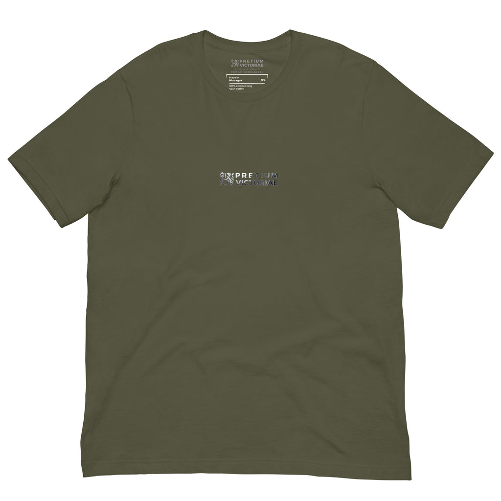 Buy Now Online Pretium Victoriae “The Price of Victory” Staple Chromium Logo Unisex T-Shirt Inspirational Stoic Quote Motivational - PRETIUM VICTORIAE© - https://pretium-victoriae.com