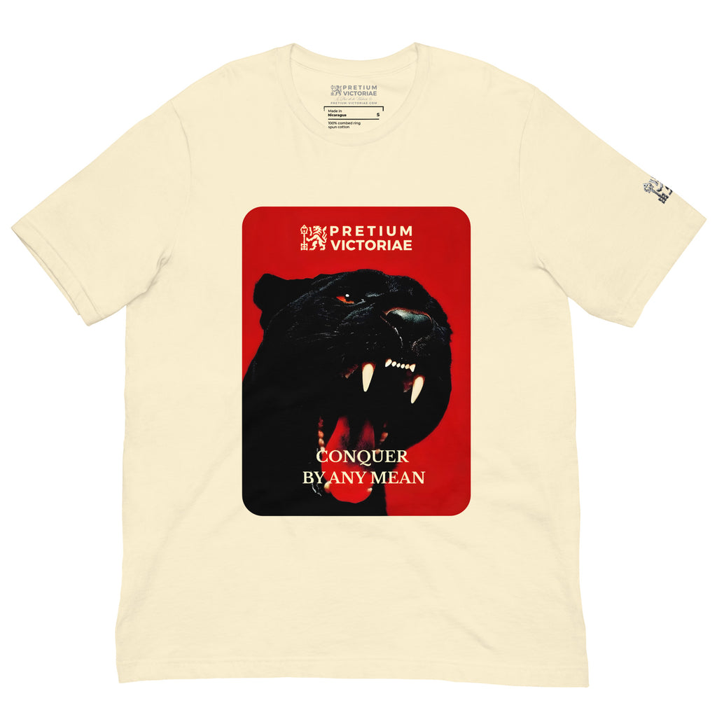 Buy Now Online PRETIUM VICTORIAE Conquer By Any Mean Black Jaguar Panther Machiavelli Unisex T-shirt Inspirational Stoicism Quote Motivational - PRETIUM VICTORIAE© - https://pretium-victoriae.com