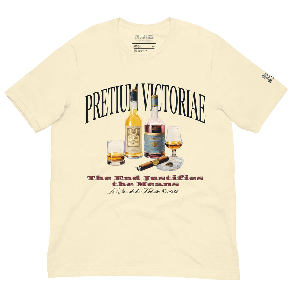 Buy Now Online PRETIUM VICTORIAE The End Justifies the Means Whiskey Machiavelli Unisex T-shirt Inspirational Stoicism Quote Motivational - PRETIUM VICTORIAE© - https://pretium-victoriae.com