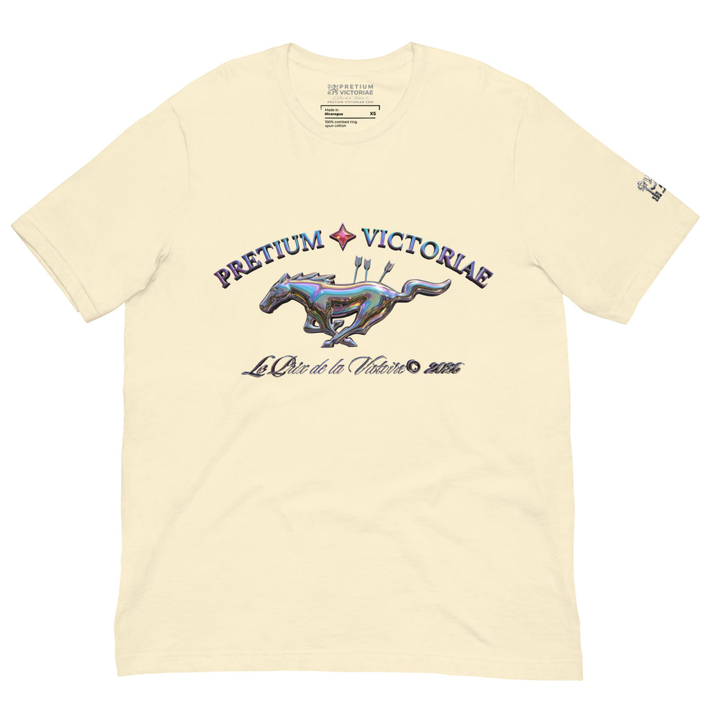 Buy Now Online PRETIUM VICTORIAE Iridescent Victory Running Horse Le Prix de la Victoire Machiavelli Unisex T-shirt Inspirational Stoicism Quote Motivational - PRETIUM VICTORIAE© - https://pretium-victoriae.com