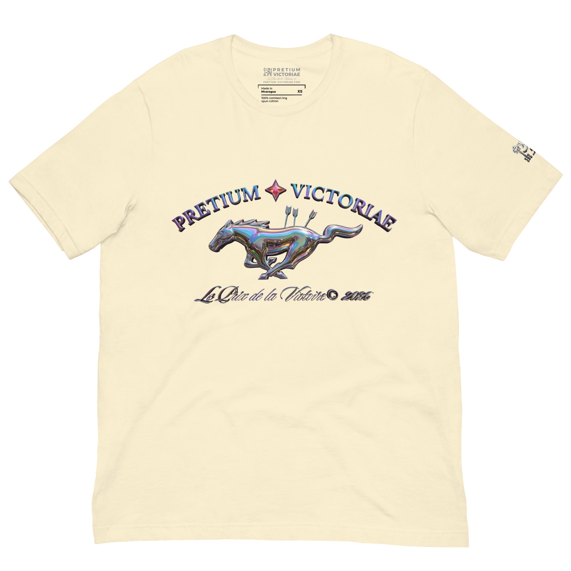 Buy Now Online PRETIUM VICTORIAE Iridescent Victory Running Horse Le Prix de la Victoire Machiavelli Unisex T-shirt Inspirational Stoicism Quote Motivational - PRETIUM VICTORIAE© - https://pretium-victoriae.com