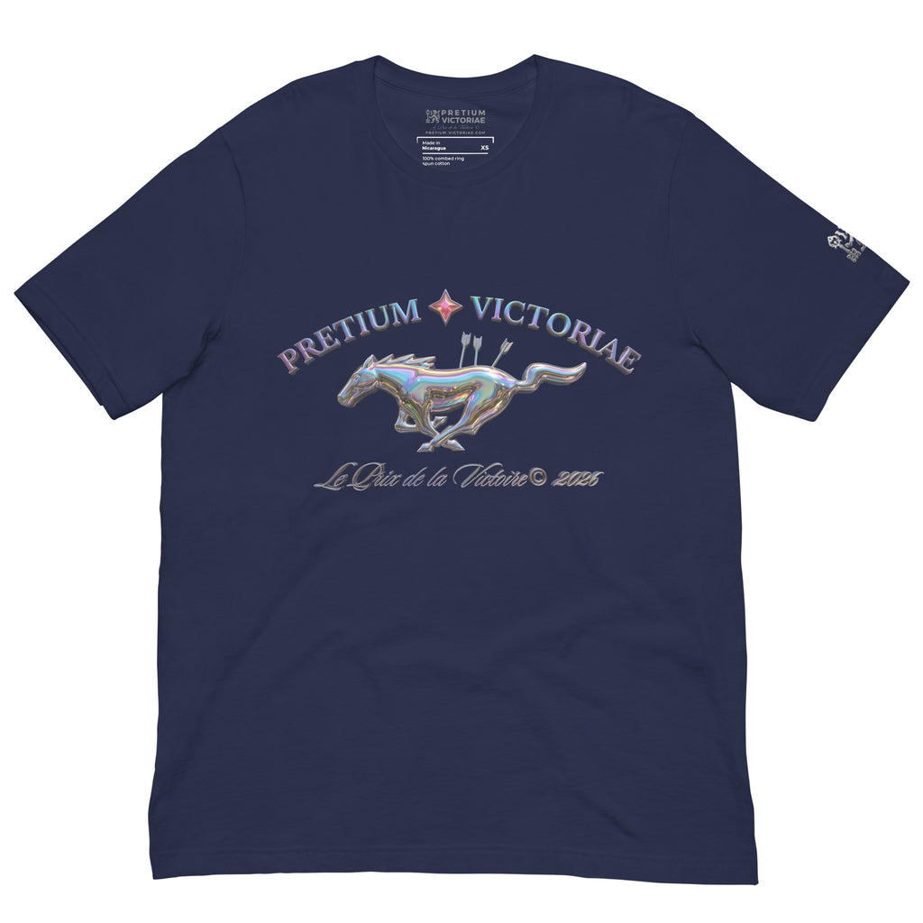 Buy Now Online PRETIUM VICTORIAE Iridescent Victory Running Horse Le Prix de la Victoire Machiavelli Unisex T-shirt Inspirational Stoicism Quote Motivational - PRETIUM VICTORIAE© - https://pretium-victoriae.com