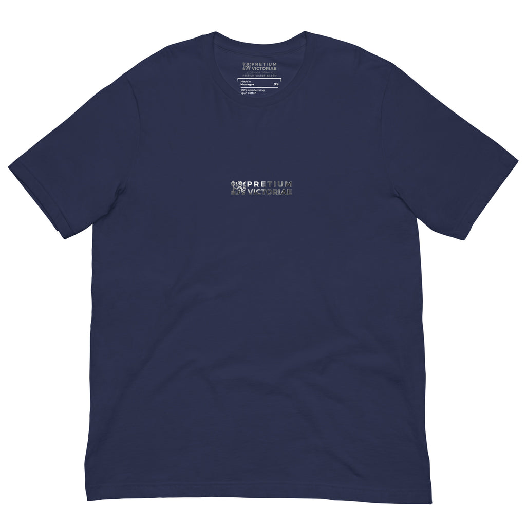 Buy Now Online Pretium Victoriae “The Price of Victory” Staple Chromium Logo Unisex T-Shirt Inspirational Stoic Quote Motivational - PRETIUM VICTORIAE© - https://pretium-victoriae.com