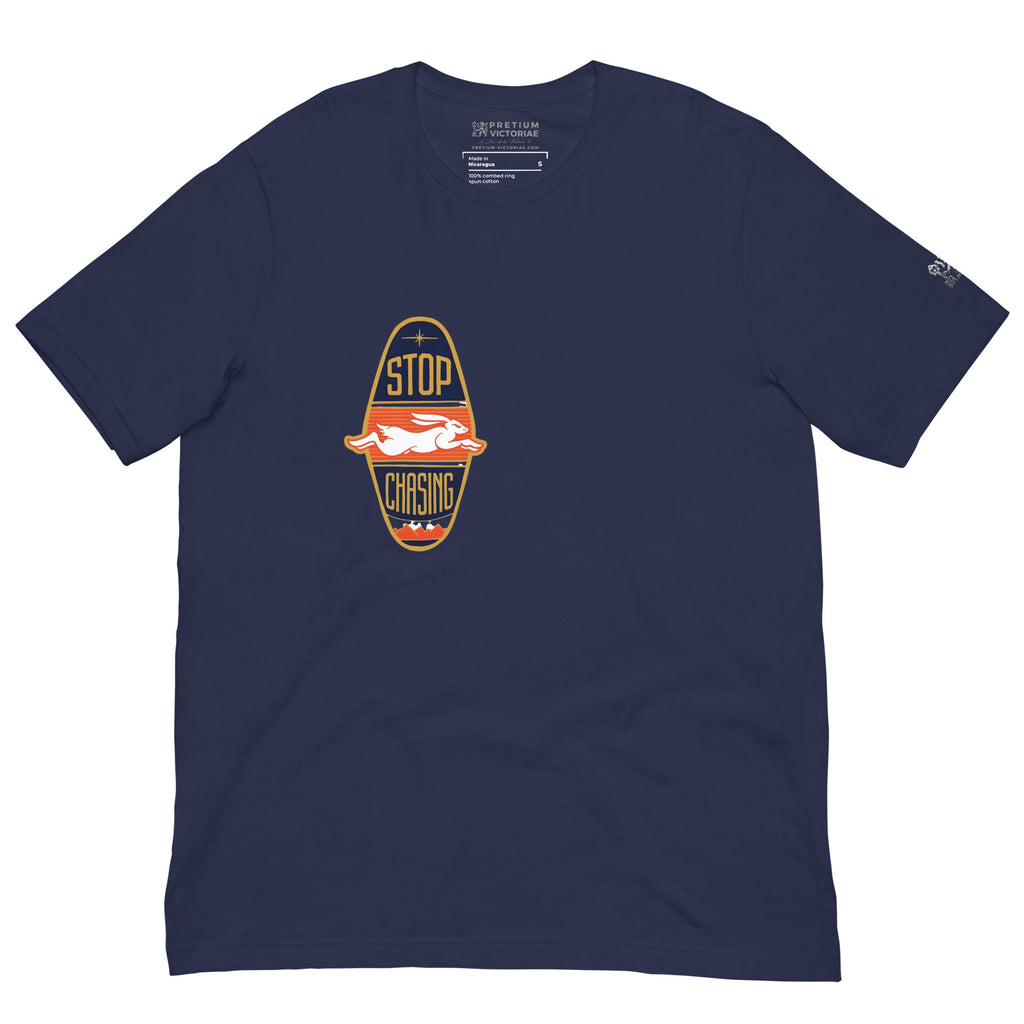 Buy Now Online Stop Chasing - Gold Running Rabbit  Machiavelli Unisex T-shirt Inspirational Stoic Quote Motivational Philosophy - PRETIUM VICTORIAE© - https://pretium-victoriae.com