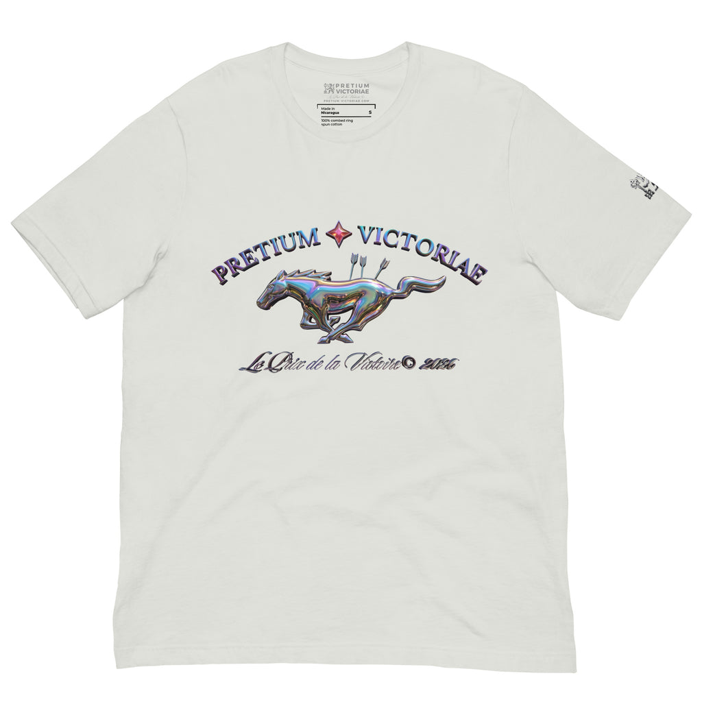 Buy Now Online PRETIUM VICTORIAE Iridescent Victory Running Horse Le Prix de la Victoire Machiavelli Unisex T-shirt Inspirational Stoicism Quote Motivational - PRETIUM VICTORIAE© - https://pretium-victoriae.com