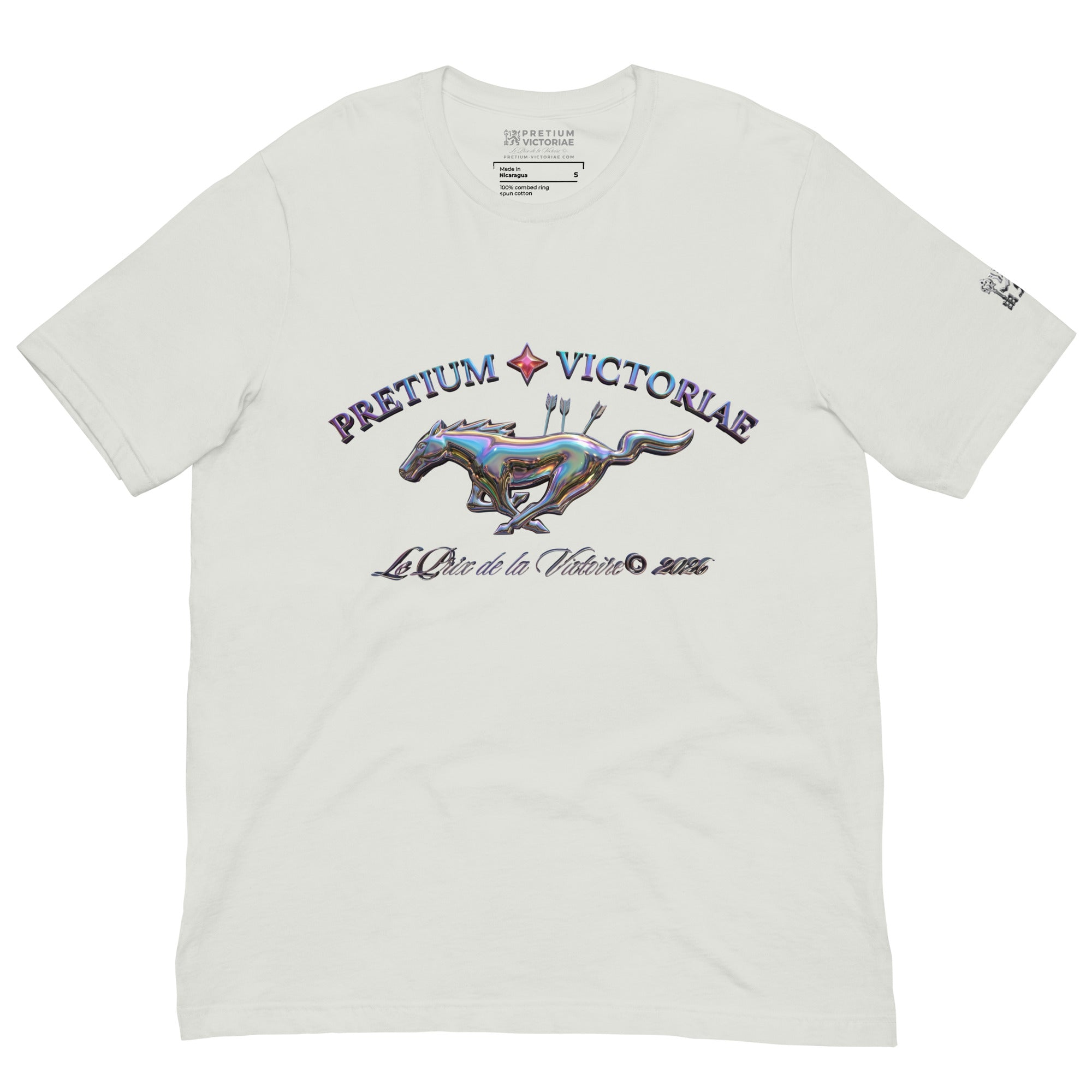 Buy Now Online PRETIUM VICTORIAE Iridescent Victory Running Horse Le Prix de la Victoire Machiavelli Unisex T-shirt Inspirational Stoicism Quote Motivational - PRETIUM VICTORIAE© - https://pretium-victoriae.com