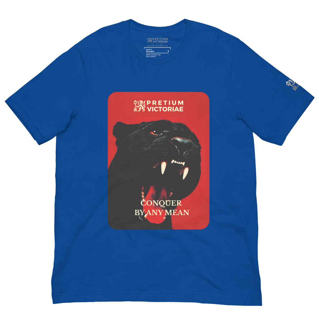 Buy Now Online PRETIUM VICTORIAE Conquer By Any Mean Black Jaguar Panther Machiavelli Unisex T-shirt Inspirational Stoicism Quote Motivational - PRETIUM VICTORIAE© - https://pretium-victoriae.com