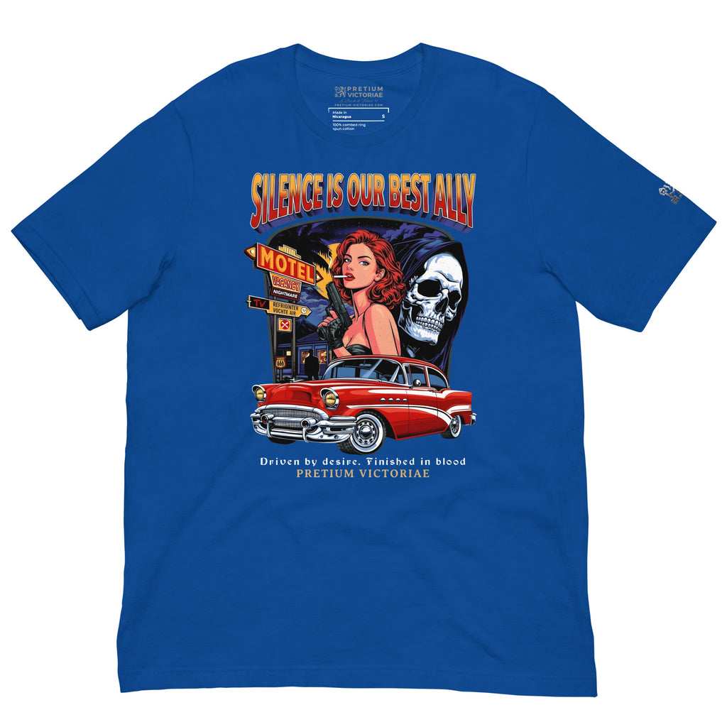 Buy Now Online PRETIUM VICTORIAE™ Silence is Our Best Ally Motel Ghost Girl Machiavelli Unisex T-shirt Inspirational Stoic Quote Motivational - PRETIUM VICTORIAE© - https://pretium-victoriae.com